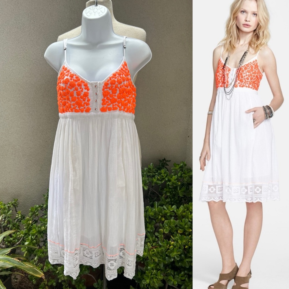 Free People cotton summer dress white gauze with neon orange embroidery Sz XS.